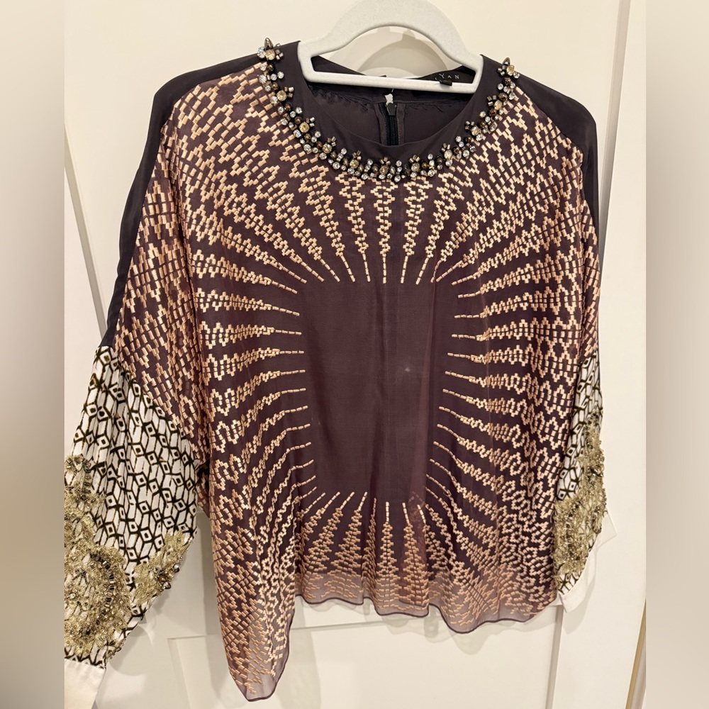 Gorgeous Biyan Embellished Women's Top - with lace appliqué Taupe and Gold